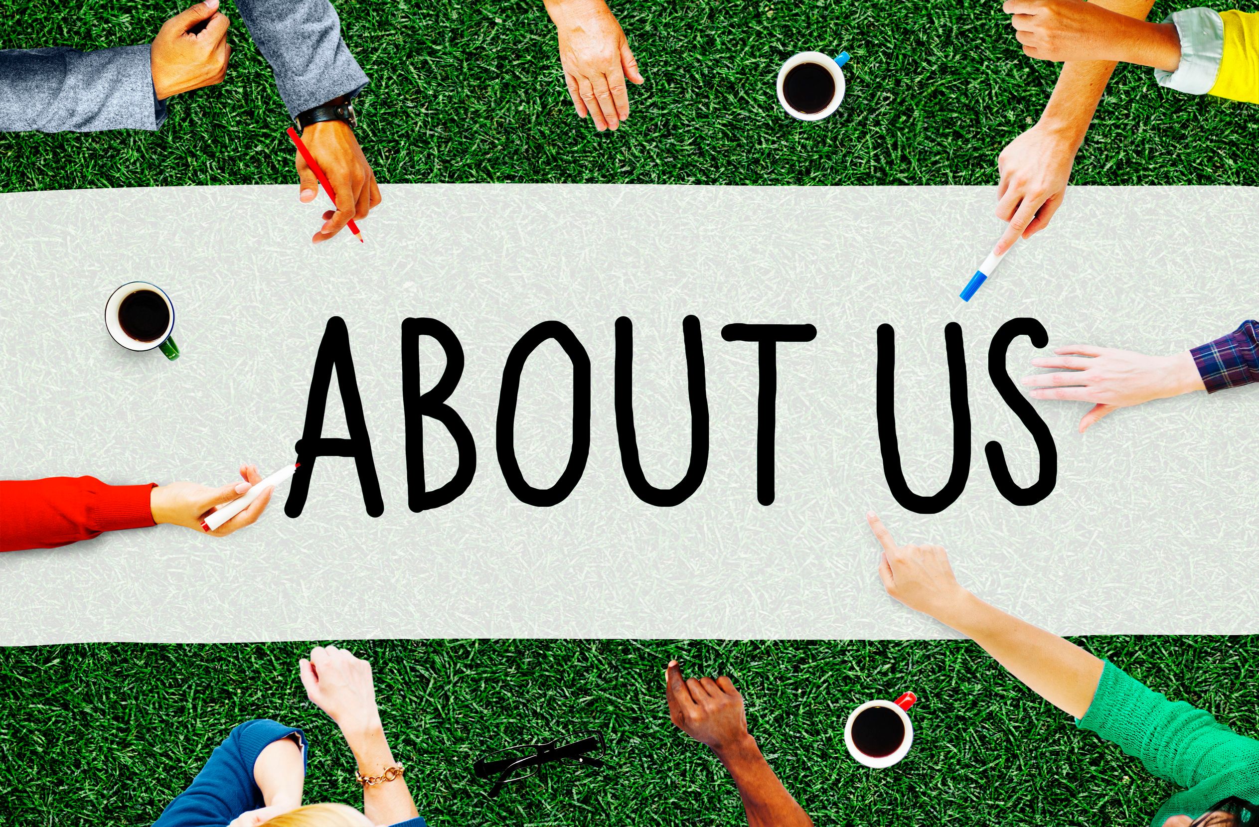 An image with the text about us