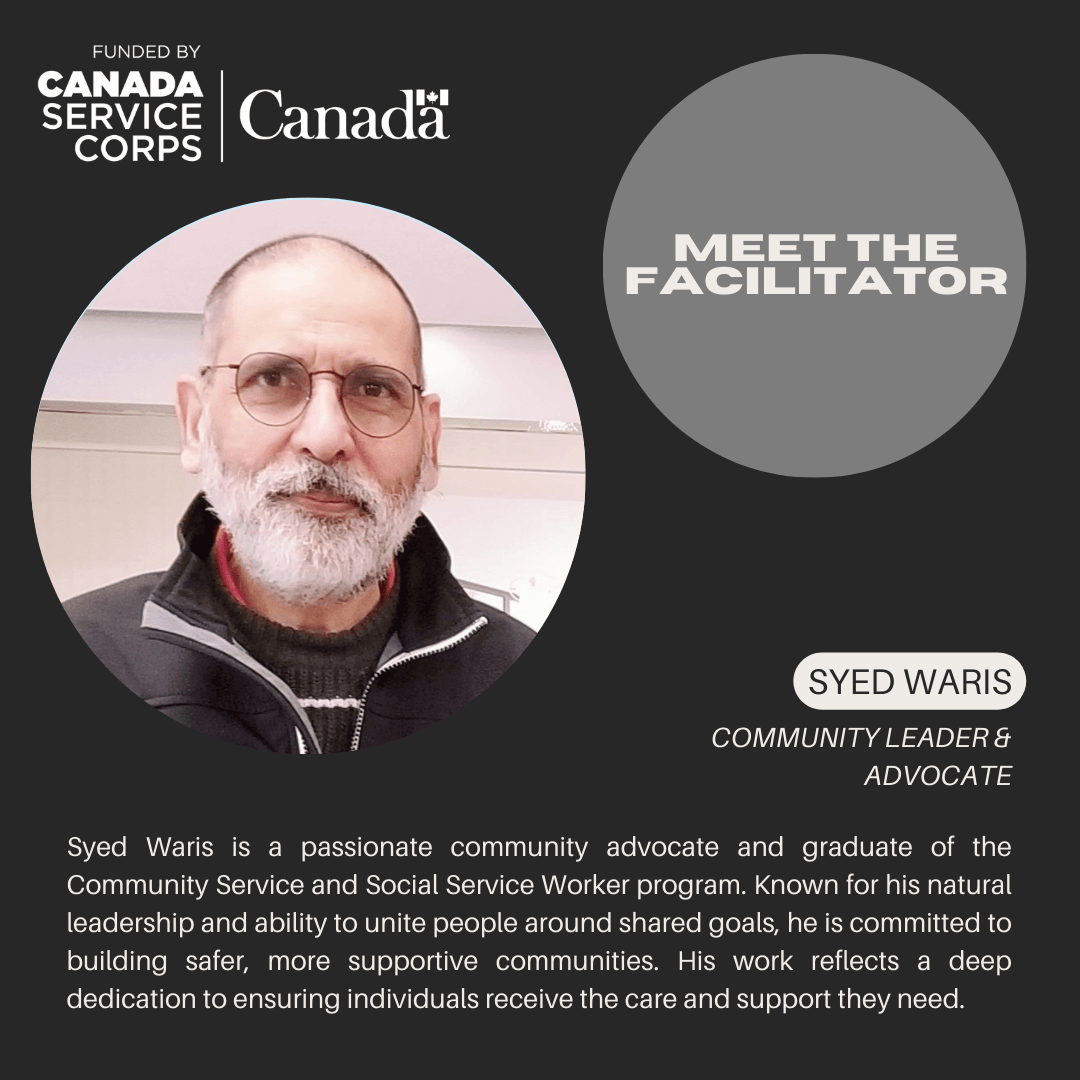 A picture of Syed Waris, one of the facilitators for Thrive Project, and description about his work experience