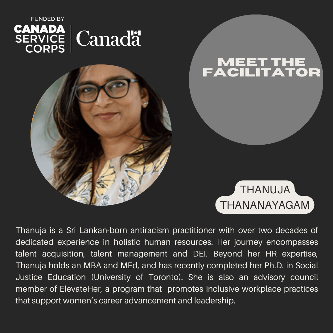 A picture of Thanuja Thananayagam, one of the facilitators for Thrive Project, and description about her work experience