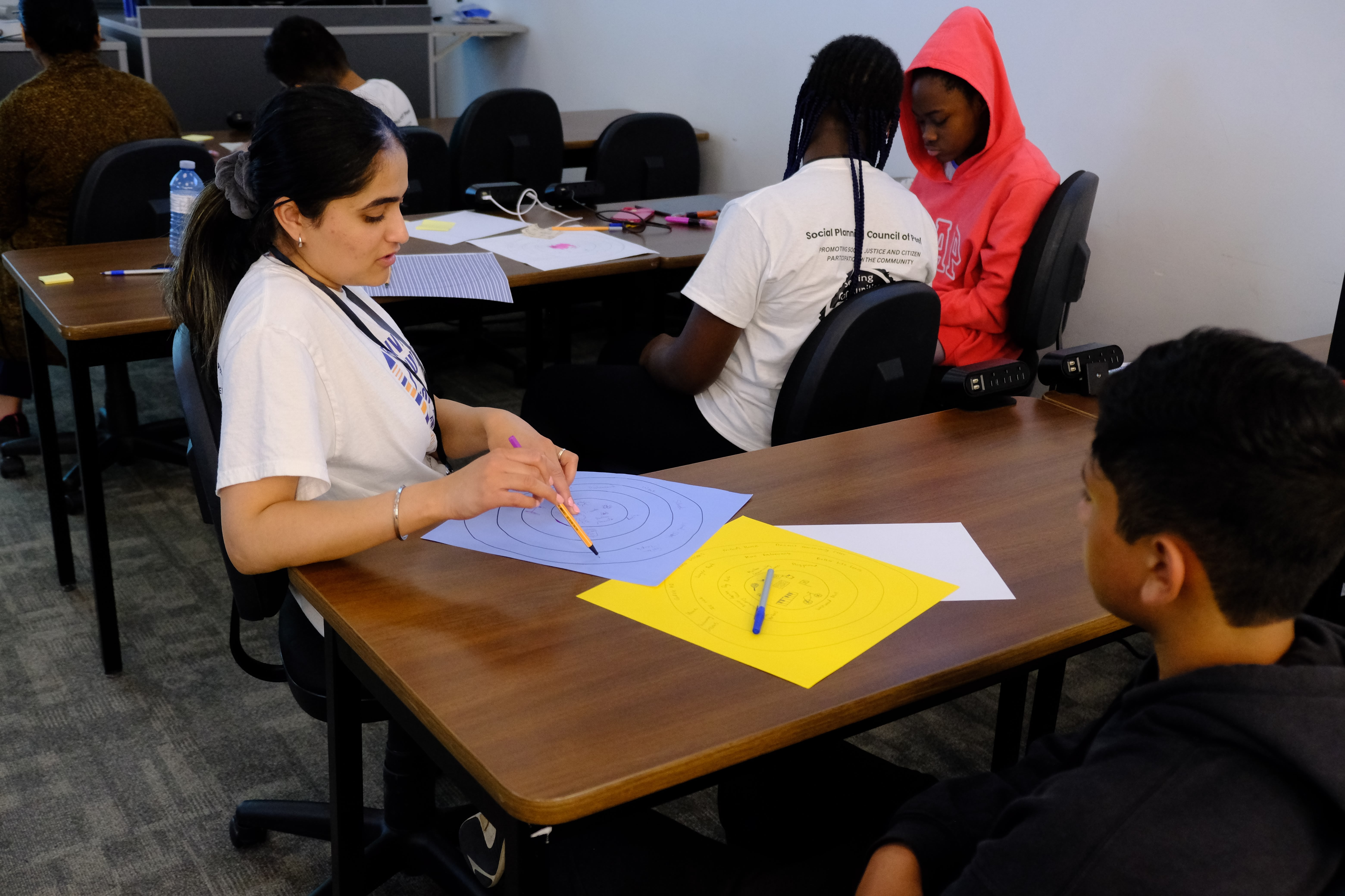 A closeup picture of youths discussing about colouring circles during the Learning How to Practice Community Workshop with Dr. Bethany Osborne on June 3, 2025