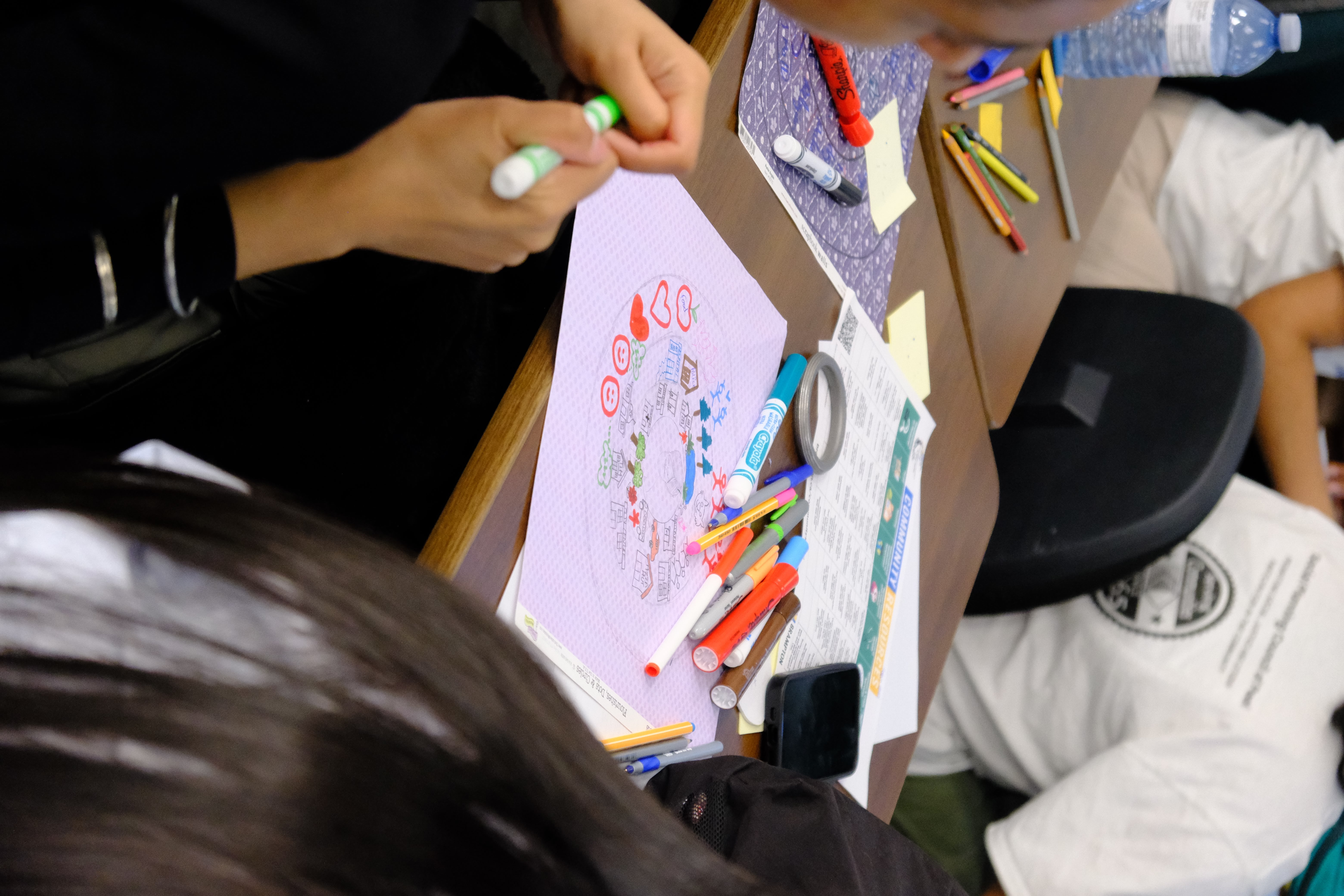 A closeup picture of coloured circles on a paper and various coloured markers during the Learning How to Practice Community Workshop with Dr. Bethany Osborne on June 3, 2025