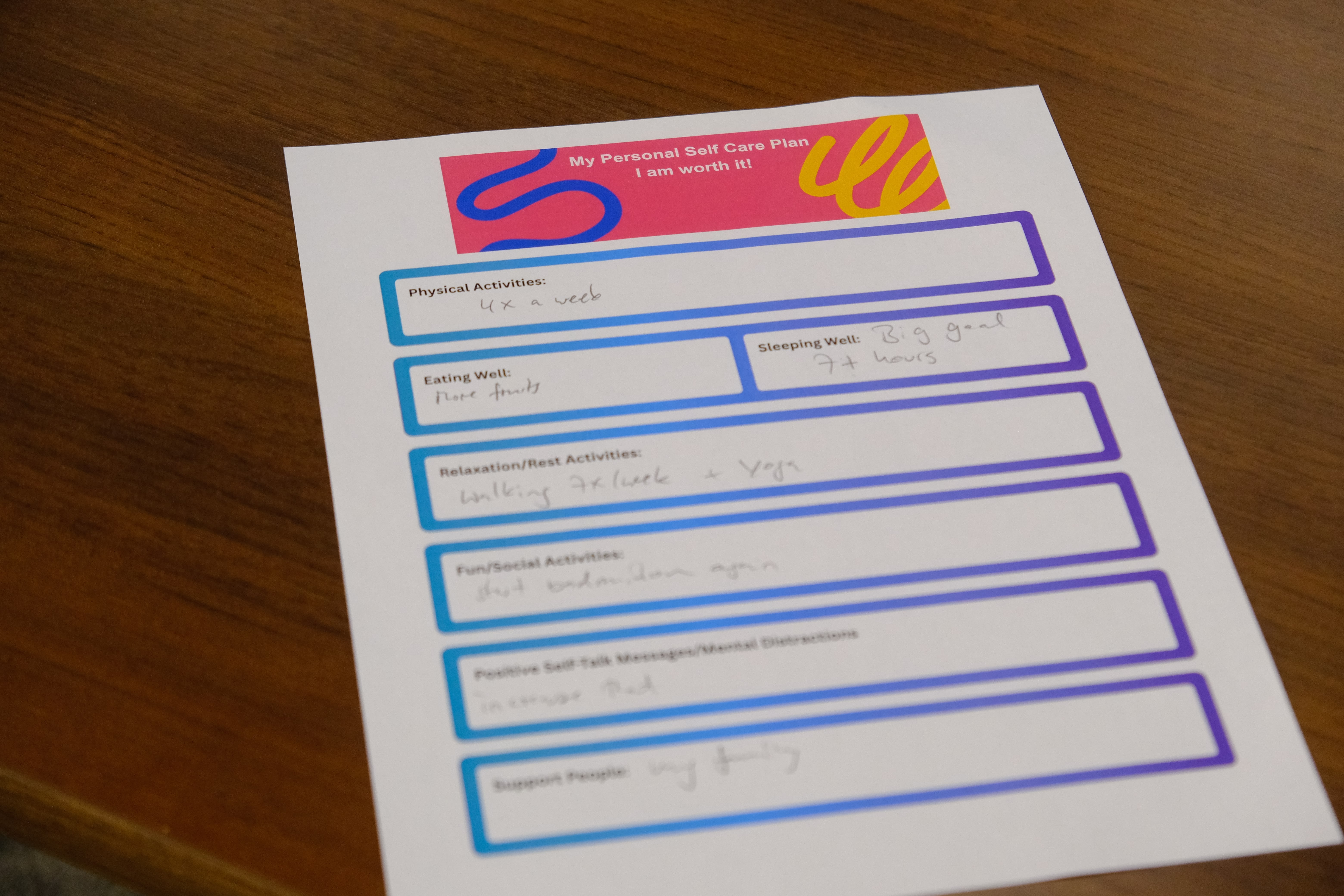 A closeup picture of a worksheet used by the youth during the Mental & Physical Wellness Workshop with Nicole Johnson on May 27, 2025