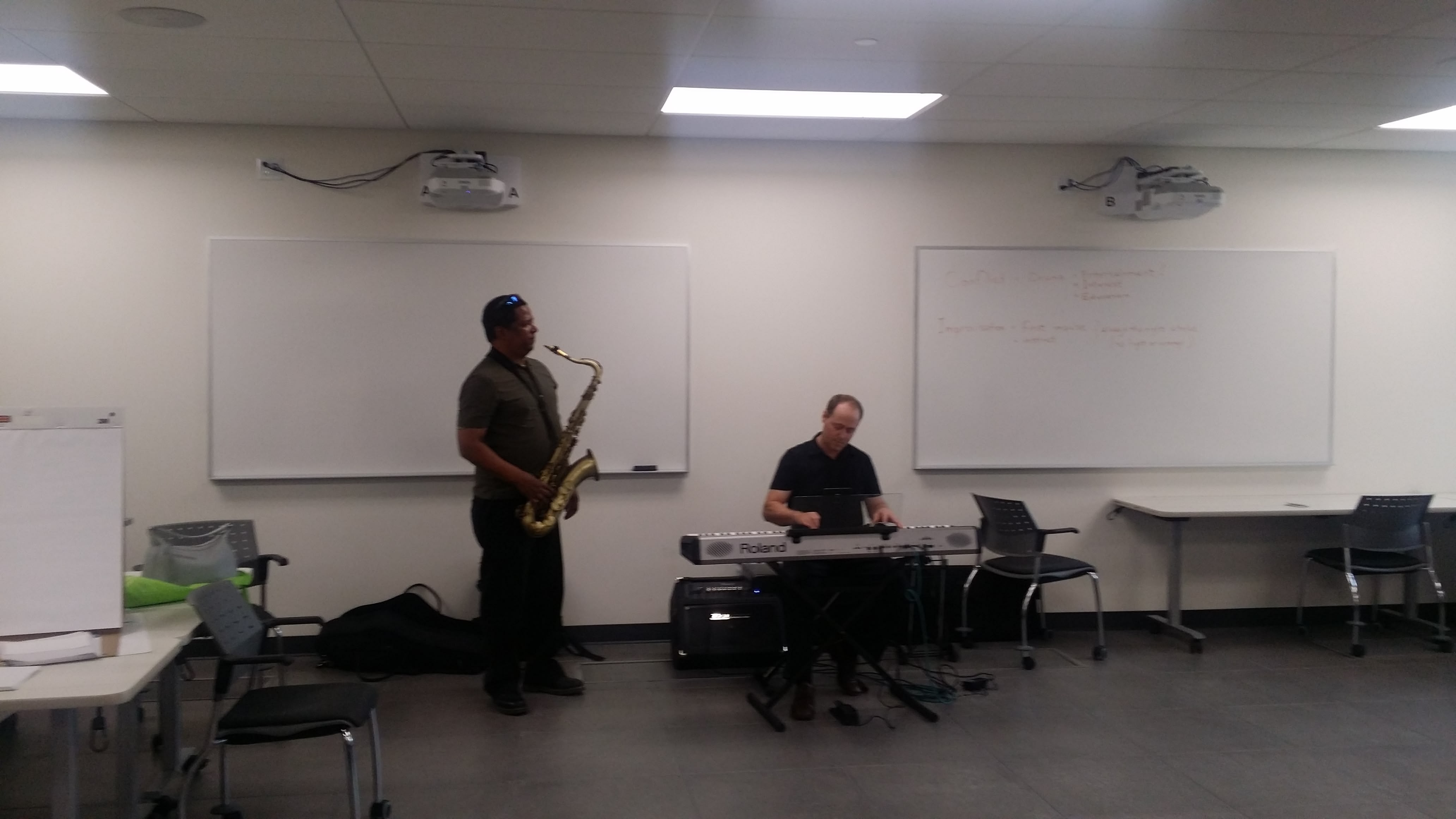 A picture of musicians performing for seniors at a theatre-based social wellness workshop.
